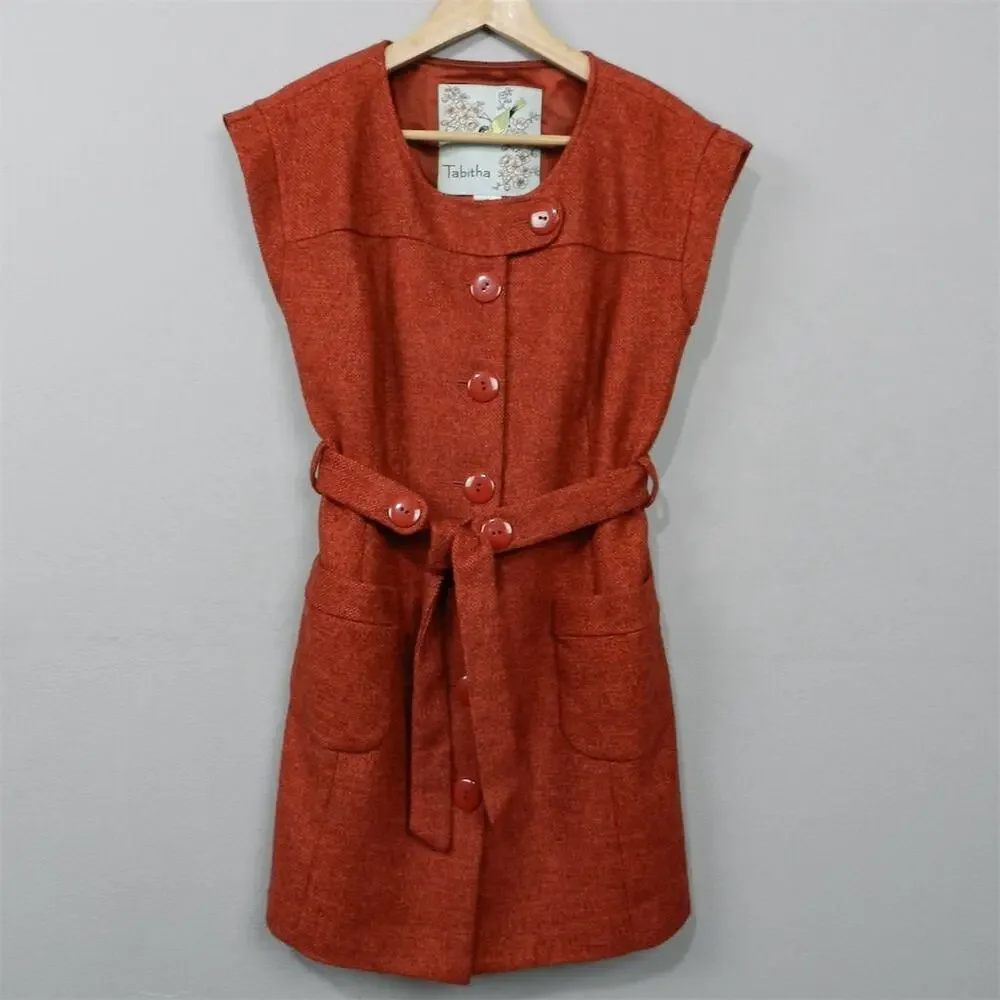 Anthropologie Tabitha Blustery Days Vest Size 6 Rust Orange Tweed Belted Jacket - Picture 2 of 15